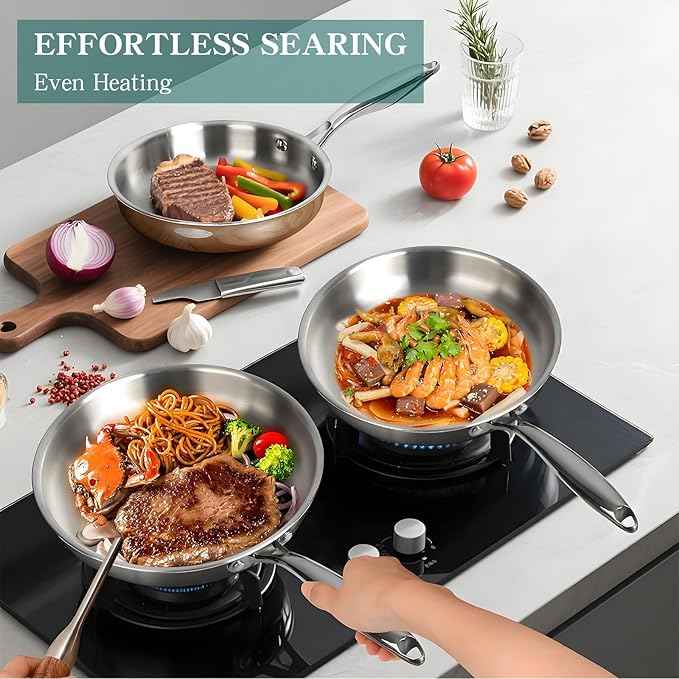EWFEN Pots and Pans Set, 3 Ply 11 Piece Stainless Steel Cookware Set, Oven Dishwasher Safe | Induction Compatible Frying Pans, Saucepans, Saute Pan & Stock Pot, PFOA Free Kitchen Skillet