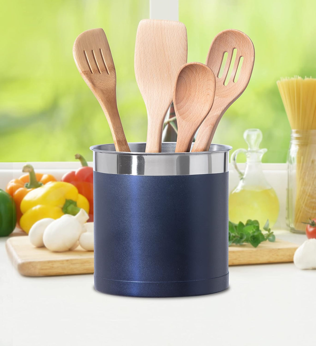 Oggi Stainless Steel Jumbo Utensil Holder - 7" Utensil Caddy, Weighted Base for Stability - Extra Large Utensil Crock and Countertop Utensil Organizer, Blue