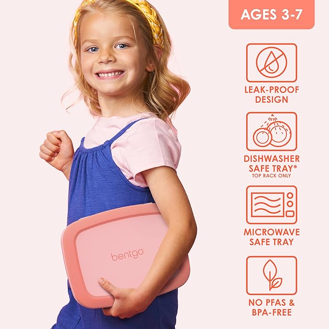 Bentgo Kids Bento-Style 5-Compartment Leak-Proof Lunch Box - Ideal Portion Sizes for Ages 3 to 7 - Durable, Drop-Proof, Dishwasher Safe, PFAS & BPA-Free & Made with Food-Safe Materials (Coral)