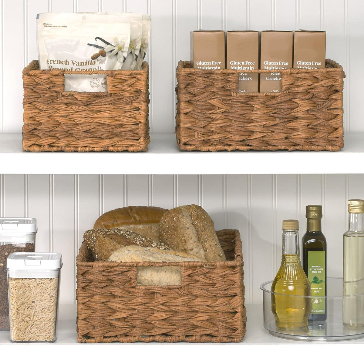 mDesign Woven Farmhouse Kitchen Pantry Food Storage Organizer Basket Bin Box - Container Organization for Cabinets, Cupboards, Shelves, Countertops - Store Potatoes, Onions, Fruit, 6 Pack, Camel Brown