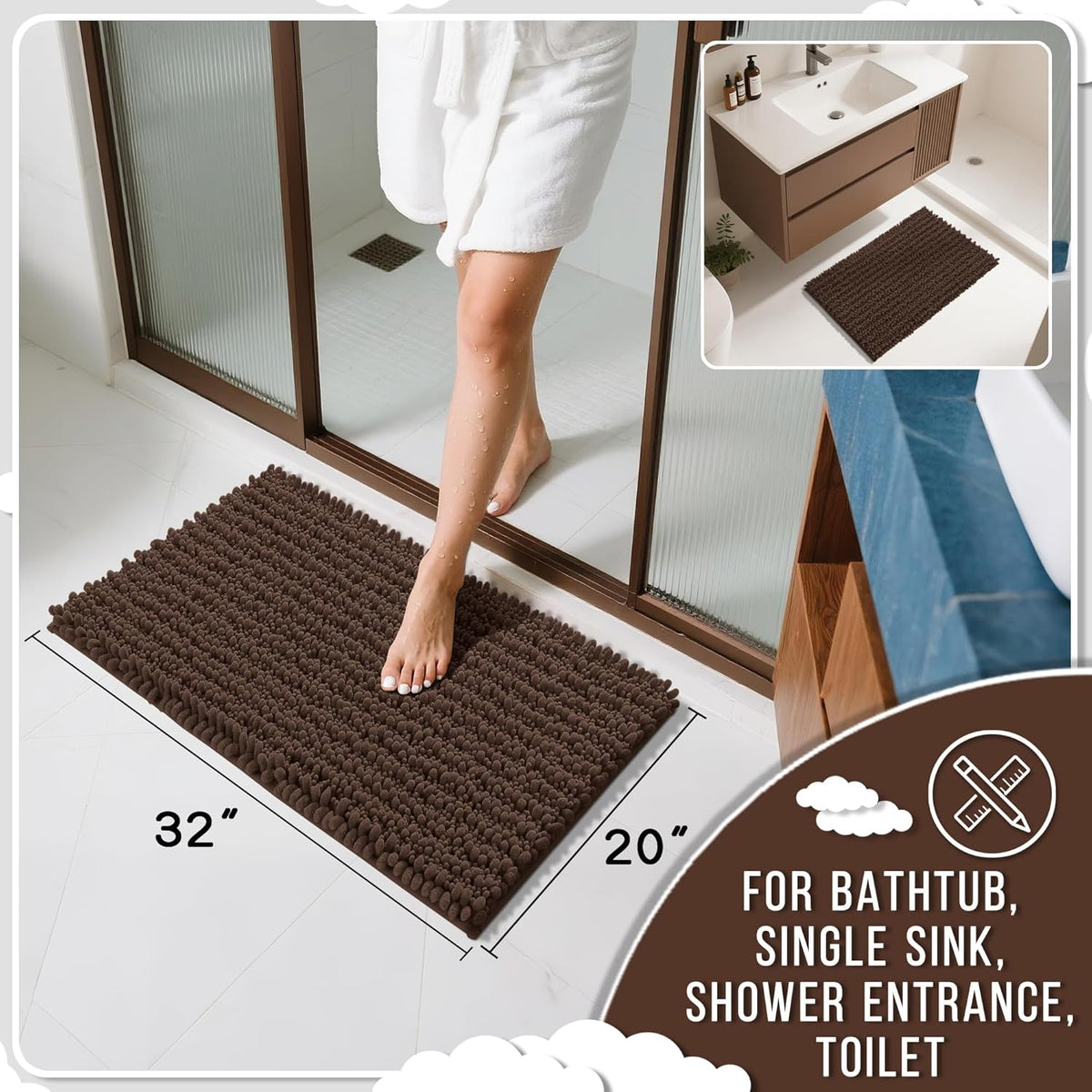 Yimobra Bathroom Rugs Non Slip Washable 32x20 Inch - Ultra Soft Absorbent Chenille Bath Mat, Quick Dry Shaggy Floor Carpet for Tub Shower, Brown Home Decor Accessories