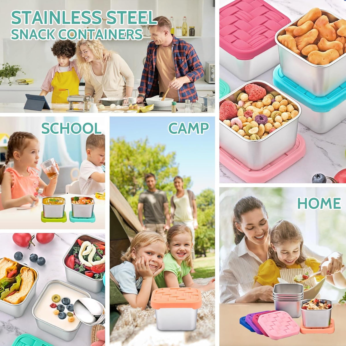 8PC 6oz Stainless Steel Snack Containers with lids, BPA-Free Metal Kids Snack Cups with Fork and Spoon, Leakproof Lunch Box Containers，Resuable Baby Food Storage Bowl