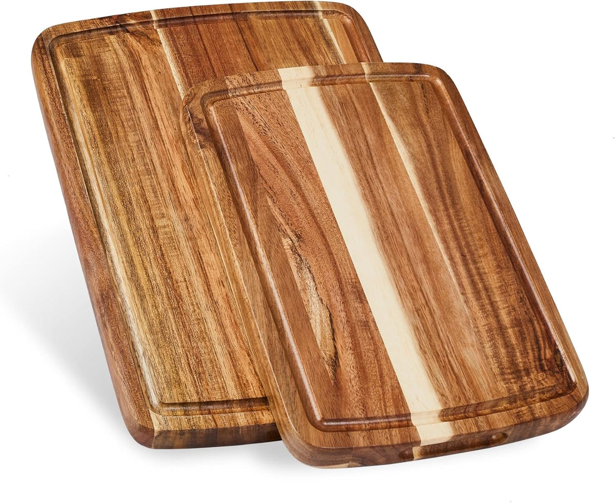 Set of 2 Sonder Los Angeles Acacia Wood Cutting Boards with Juice Groove, Gift Box Included - Small & Medium Sizes: 14x10x1in & 12x8x1in. Ideal for Meat, Vegetables, and Organic Produce Sustainable