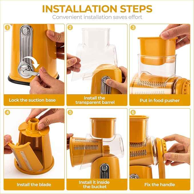 SUSTEAS Rotary Cheese Grater with Handle - Vegetable Shredder with 5 Well-designed Blades & Strong Suction Base,Round Mandoline Slicer & Food Chopper for Kitchen,with Blade Storage Box(Yellow)