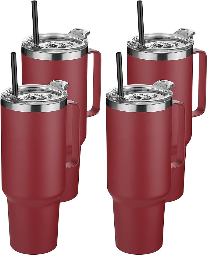 HASLE OUTFITTERS 40 oz Stainless Steel Tumbler with Handle, Vacuum Insulated Tumblers Bulk, Reusable Double Wall Travel Coffee Mug, Durable Powder Coated Water Bottles(Wine Red, 4)
