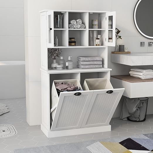 RASOO Tilt-Out Laundry Cabinet White Tall Bathroom Storage Cabinet Laundry Hamper with 2 Baskets and 3 Cabinets Upper Glass Doors Storage Cabinet