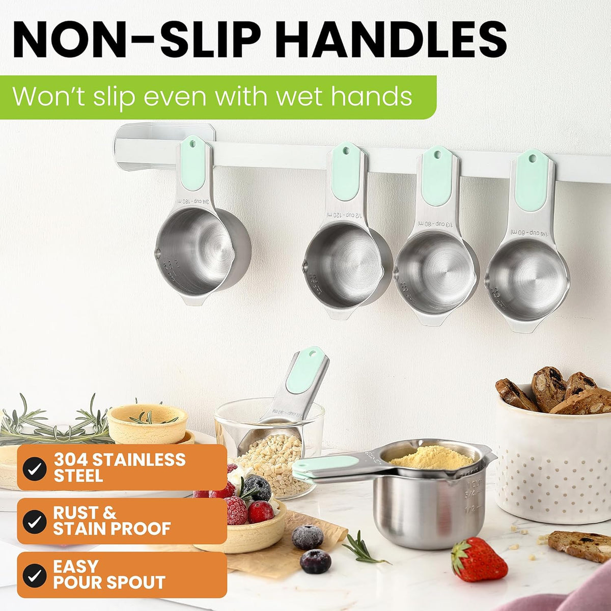 Spring Chef Magnetic Stainless Steel Measuring Cups, Patented, Kitchen Tools with Easy to Read Markings for Measuring Dry or Liquid Ingredients, Set of 7, Mint