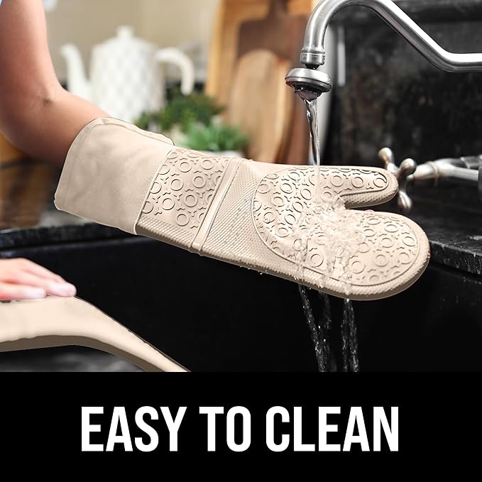 BPA-Free Silicone Oven Mitts Ultra Heat Resistant up to 500°F - Oven Mitts with Thick Cotton Liner - Long Slip Resistant Pot Holders, Flexible Oven Gloves - Beige 14.7