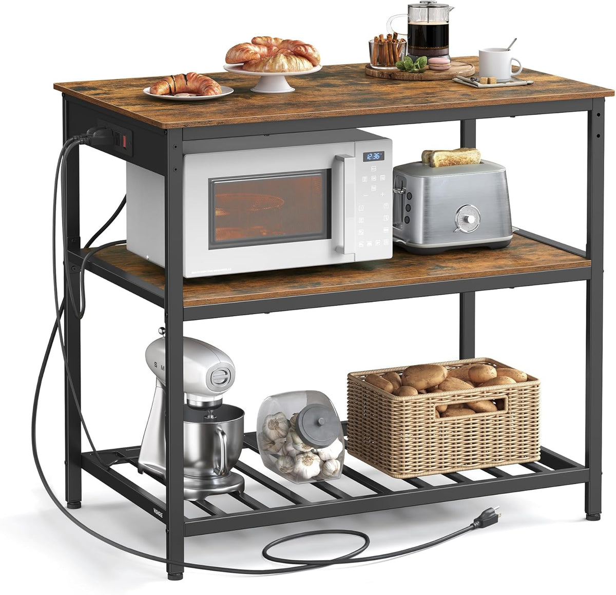 VASAGLE Kitchen Island with 3 Shelves, 39.4 Inches Width Kitchen Shelf with Power Strip, Large Worktop, Stable Steel Structure, Industrial, Easy to Assemble, Rustic Brown and Black UKKI105K01