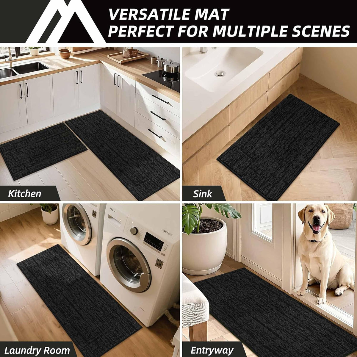 COSY HOMEER Kitchen Rugs Non Slip Washable 24"x36"+24"x60" Absorbent Soft Kitchen Mats for Floor Polyester Kitchen Runner Rug Sets of 2 Kitchen Floor Mats for Sink Mat,Hallway,Laundry,Black