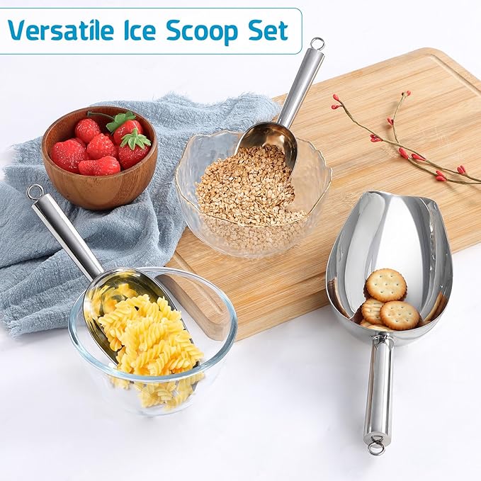 P&P CHEF Canister Scoop Set of 3, Ice Candy Scoop, Stainless Steel Multipurpose Food Scooper for Buffet Jar Freezer, Mirror Finish & Dishwasher Safe, Silver, 3+6+8 Oz