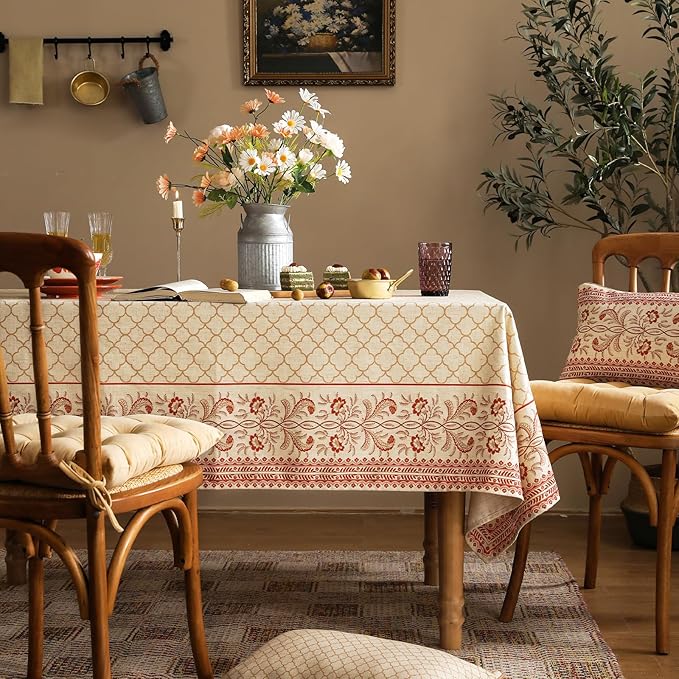 ISAENNE Designer Linen Floral Long Rectangle Tablecloth,Pale Yellow Farmhouse Indoor Table Cloth,Durable Decor Tablecloths for Dining Kitchen Thanksgiving Christmas,63"*102"-Chamonix A