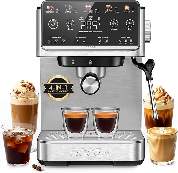 ecozy 4-in-1 Espresso Machine and Coffee Maker Combo with Milk Frother, All in One with Cold Brew & Over Ice, Interactive Touch Screen, Brezzano Elite Series for Cappuccinos, Lattes, Americanos