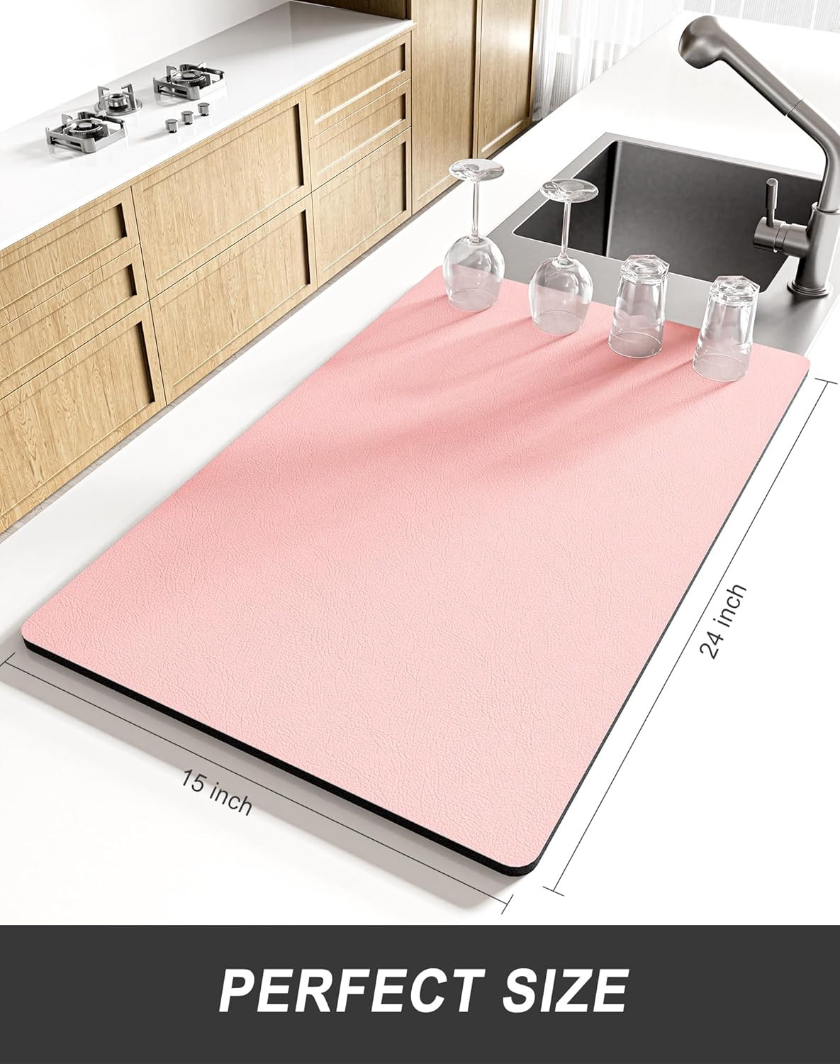 Rnivvi Dish Drying Mat for Kitchen Counter, XL 15 x 24" Super Absorbent Drainer Pad Easy Clean Dish Rack Pad, Non-Slip Heat Resistant Coffee Bar Mat for Coffee Machine Station Accessories Decor, Pink