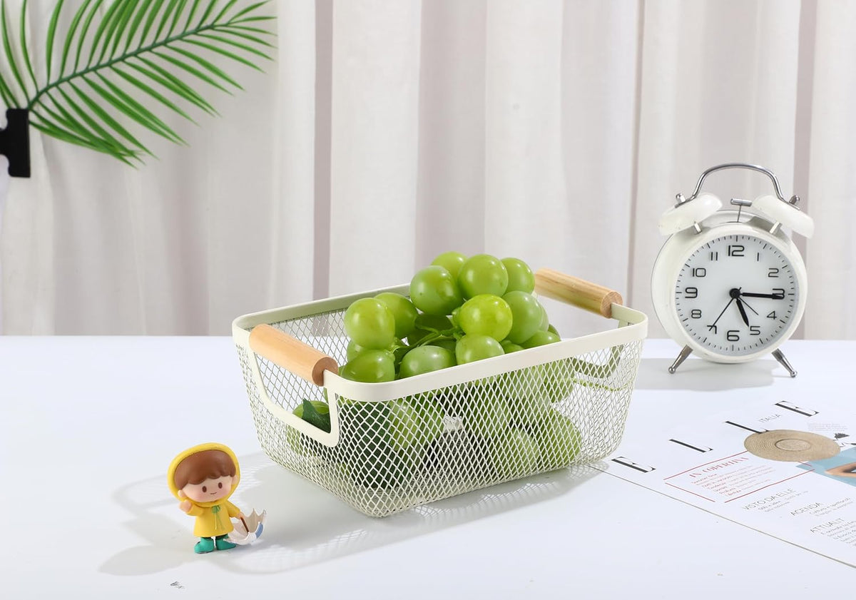 Metal Mesh Steel Basket, Small Wire Storage Organizer Basket Multi-function Hanging Kitchen Basket with Wood Handle for Kitchen Bathroom Picnic Home, Rectangle-Off White