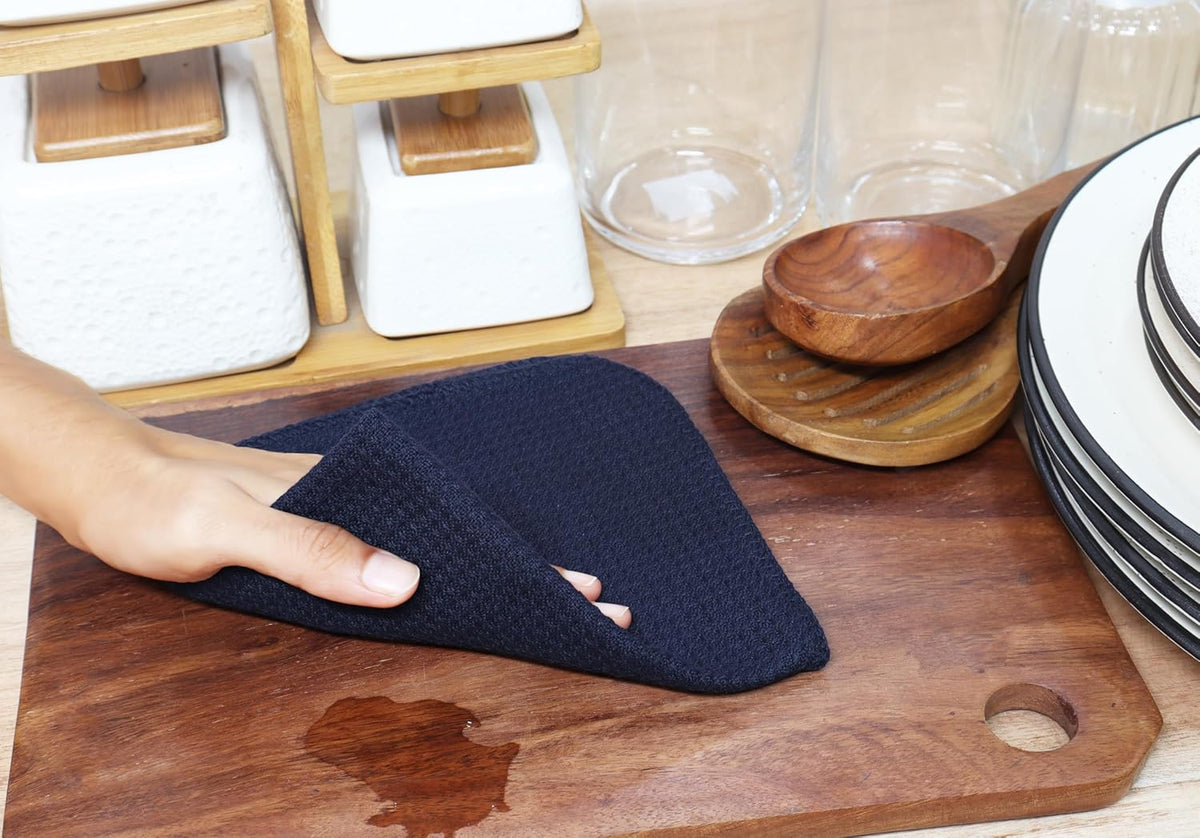 PurpleEssences Dish Cloths and Dish Rags - 6 Pack Waffle Weave Solid Kitchen Dish Wash Cloths, 100% Cotton, 12 x 12 Inches, Ultra Soft Absorbent Quick Drying - Navy Blue