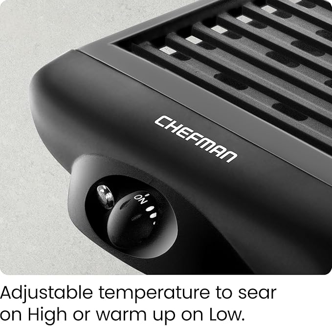Chefman Electric Smokeless Indoor Grill w/ Non-Stick Cooking Surface & Adjustable Temperature Knob from Warm to Sear for Customized BBQing, Dishwasher Safe Removable Water Tray, Black