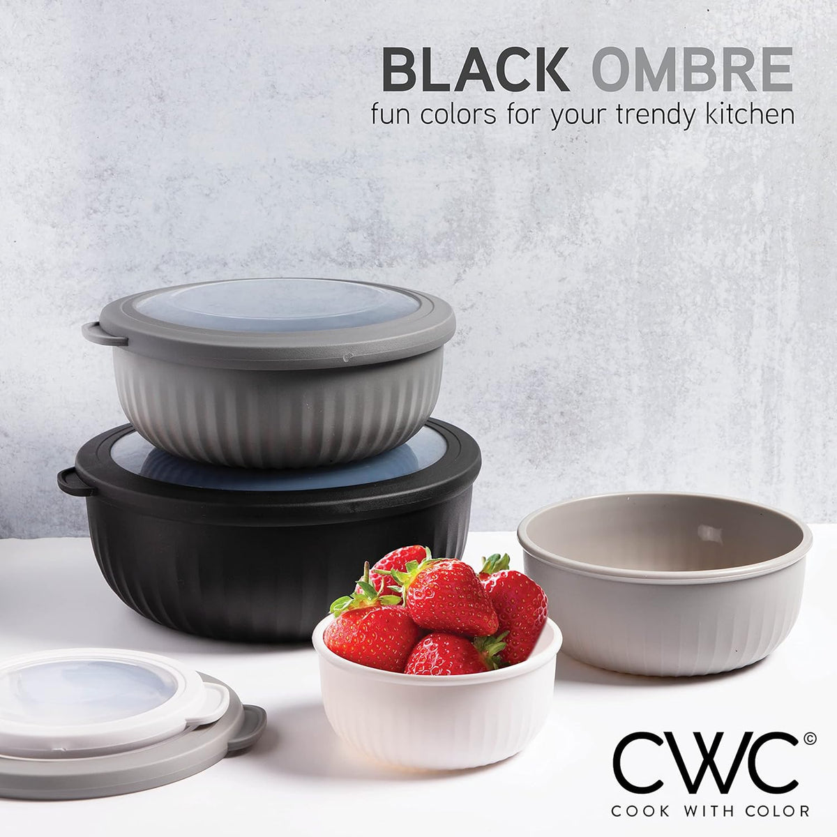 COOK WITH COLOR Prep Bowls with Lids- Wide and Deep Nesting Plastic Small Mixing Bowl Set with Lids, 8 Piece Set - Wide Bowls, Black/White