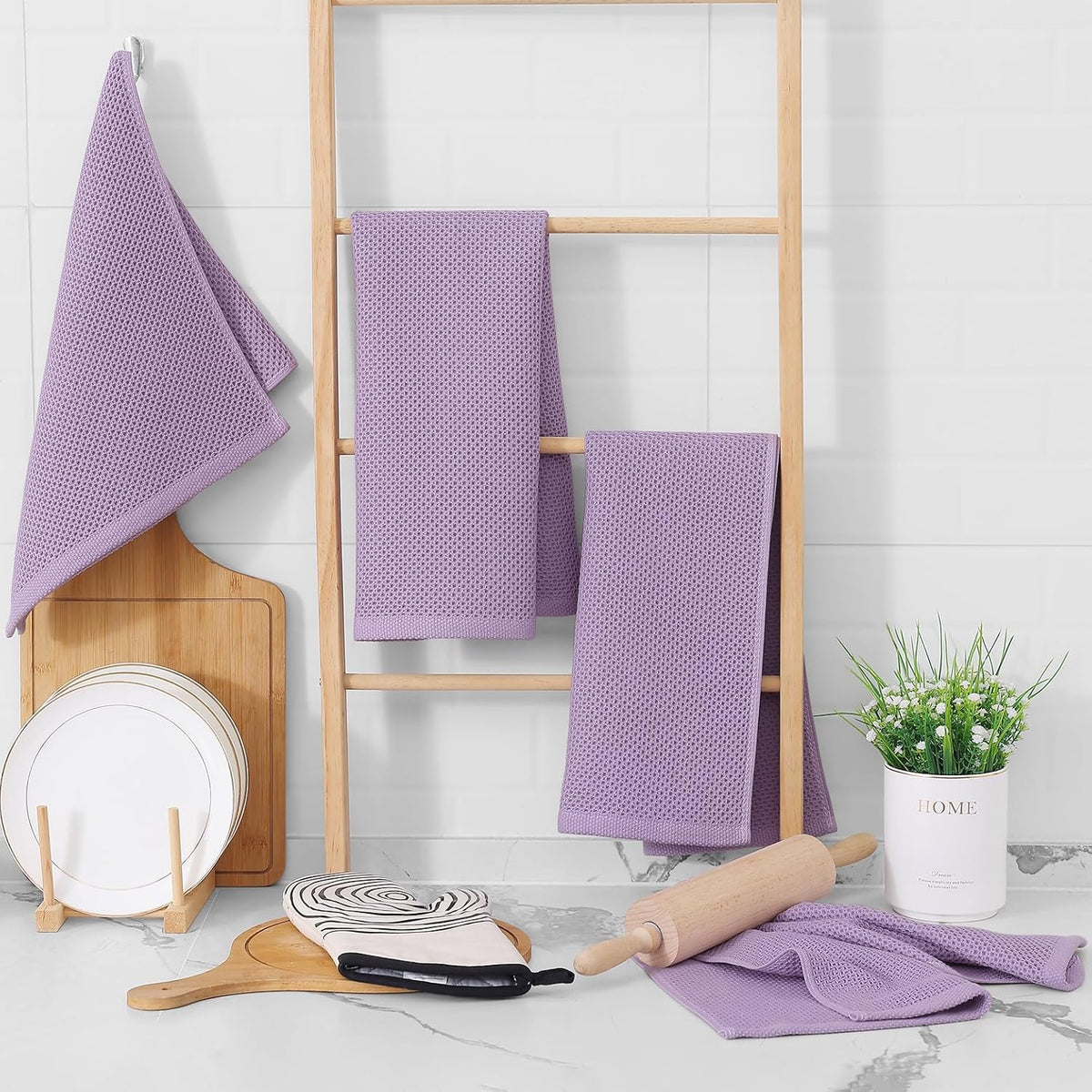 Homaxy 100% Cotton Waffle Weave Kitchen Dish Towels, Ultra Soft Absorbent Quick Drying Cleaning Towel, 13 x 28 Inches, 4-Pack, Lavender