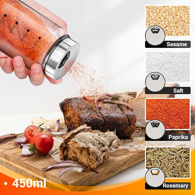 Segarty Spice Jar with Labels, 3 Pack 15oz Glass Spice Shakers with Adjustable Pour Lids, Clear Large Spices Bottles for Herb Salt Pepper, Condiment Containers with 136 Labels, 1 Marker Pen and Brush