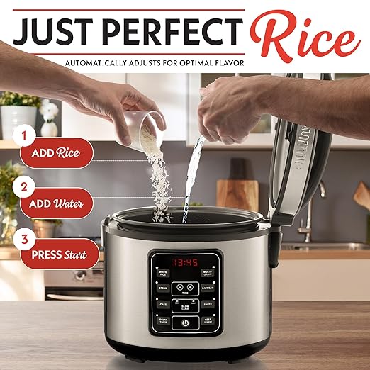 Gourmia Rice Cooker – 3 Qt Capacity, 12 Cup Cooked, 6 Cup Uncooked, Digital Controls, Grain Cooker & Steamer, Built-In Steamer Basket, Nonstick Ceramic Pot, Delay Timer, Keep Warm, Stainless Steel