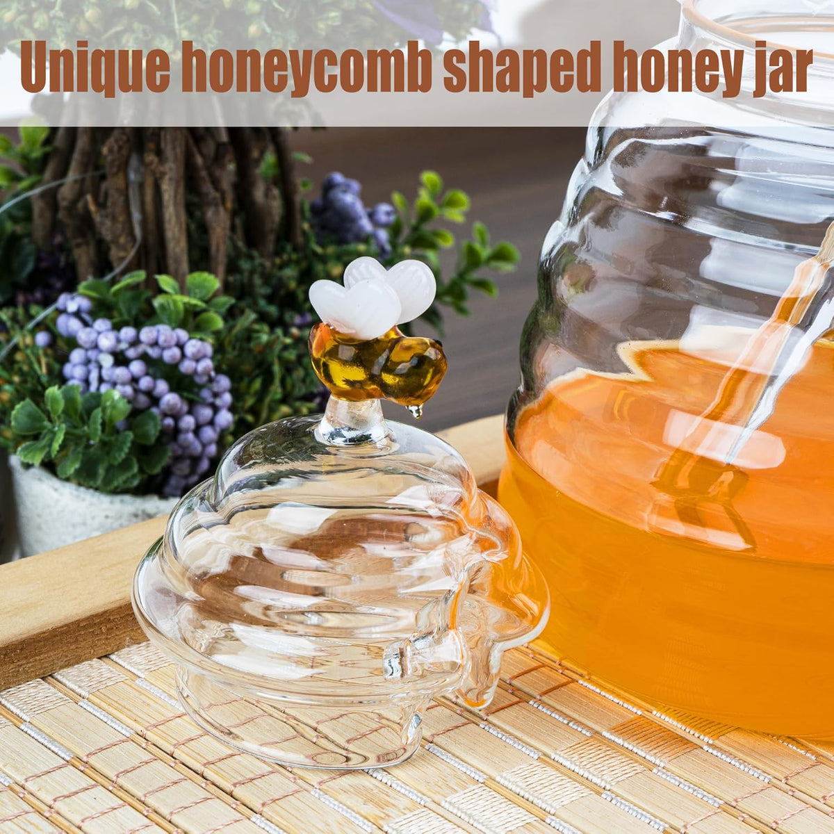 Honey Jar with Dipper and Lid Glass Honey Pot Container Dispenser, Honey Server for Tea, Bee Gift for Women, Crystal Beehive Honey Jar for Kitchen, Table Centerpieces, Tea Bar (15 oz)