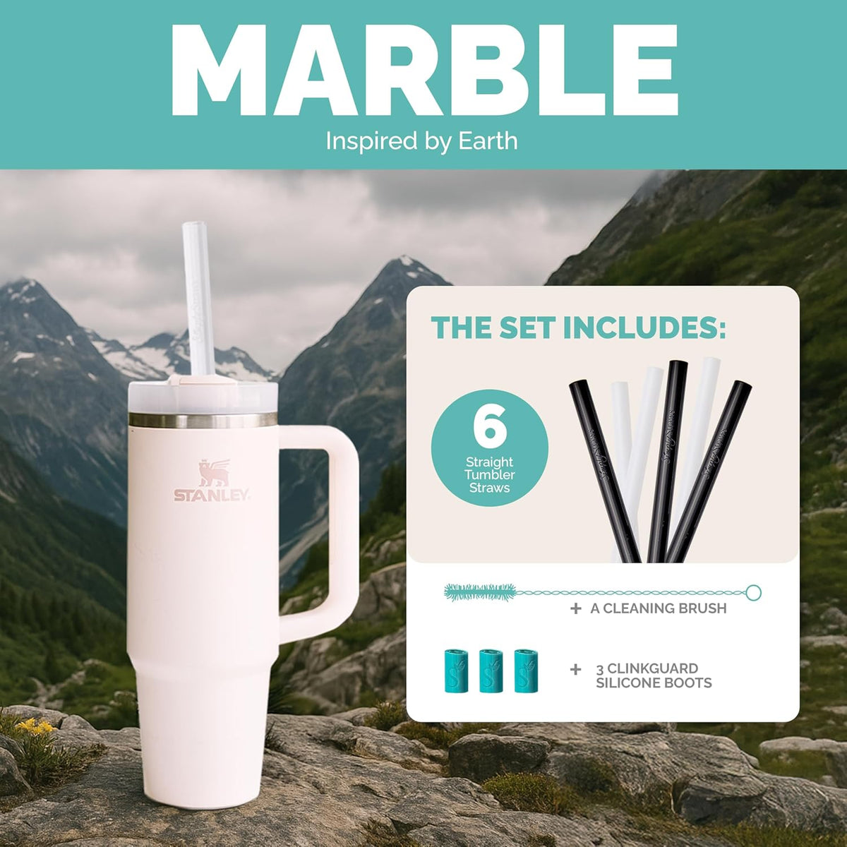 Simply Straws 12 Inch Glass Straws Straight (6-Pack) – Reusable Glass Straws for Stanley 40 Oz Tumbler, with Cleaning Brush – Durable, Dishwasher Safe, Hot & Cold Use, BPA-Free (Marble)