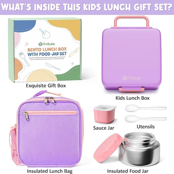Fimibuke Bento lunch Box Set for Kids Adult with 8oz Insulated Food Jar, Lunch Bag & Sauce Cup, Leakproof Dishwasher Safe Toddler Lunch Food Container with 3-4 Compartment for School Girls Boys