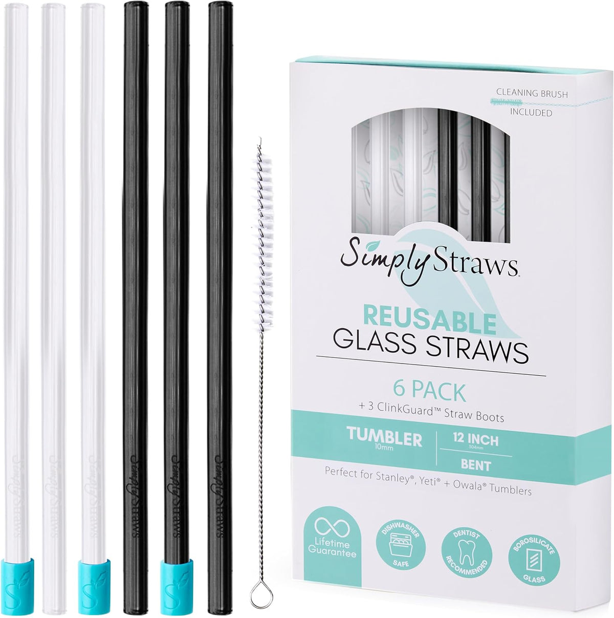Simply Straws 12 Inch Glass Straws Straight (6-Pack) – Reusable Glass Straws for Stanley 40 Oz Tumbler, with Cleaning Brush – Durable, Dishwasher Safe, Hot & Cold Use, BPA-Free (Marble)