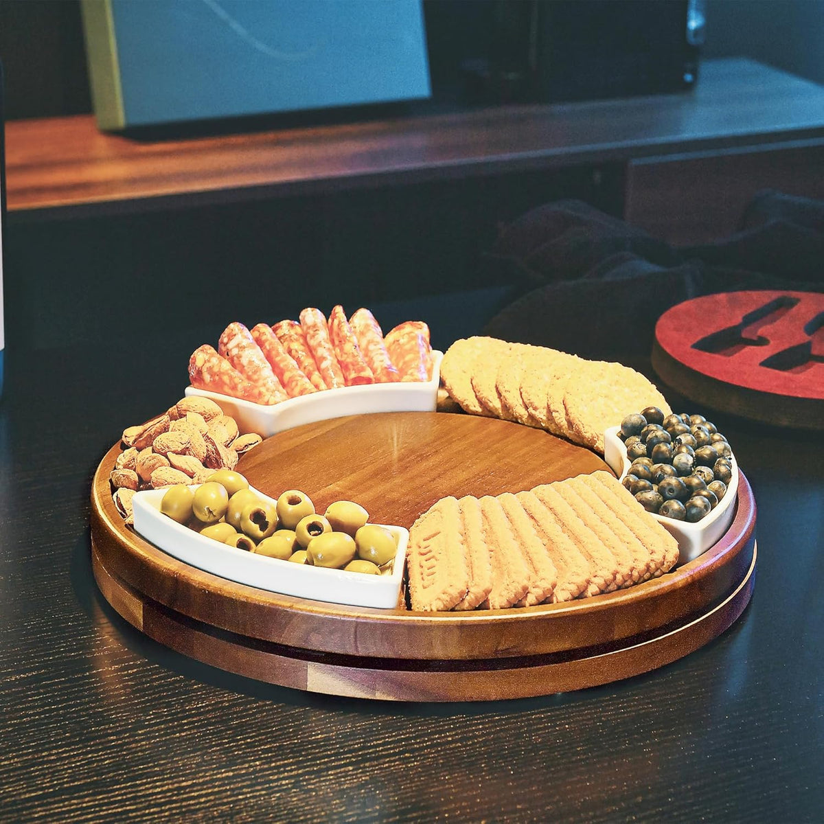 Shanik Lazy Susan Table Top Cheeseboard- Acacia Wood Rotating Serving Platter for Cheese, Charcuterie, and Appetizers, Elegant Serving Tray for Snacks, Entertaining, Parties and Family Gatherings