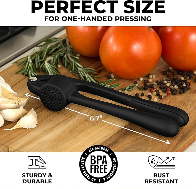 Zulay Kitchen Premium Garlic Press - Durable Garlic Masher with Soft, Easy to Squeeze Handle - Garlic Mincer Tool - Sturdy Easy to Clean Garlic Crusher (Black)