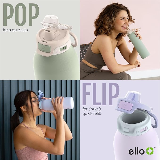 Ello Pop & Fill 32oz Stainless Steel Water Bottle with Quick Fill Technology, Double Walled and Vacuum Insulated Metal, Leak Proof Locking Lid, Sip and Chug, Reusable, BPA Free, Rosy Skyline