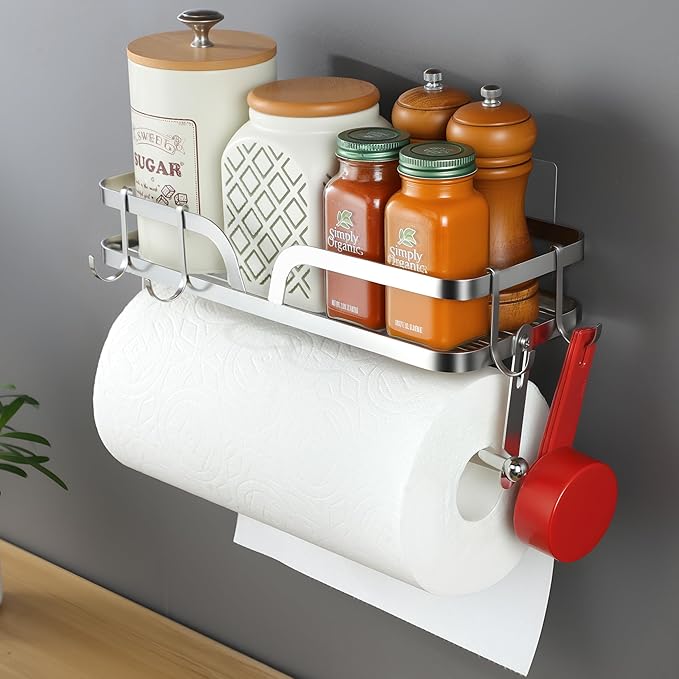 ZUNTO Wall Mount Paper Towel Holder with Shelf, Self Adhesive or Drilling, Stick on Wall Paper Towel Bar Spice Rack for Kitchen, Garage Organizer and Storage, Silver