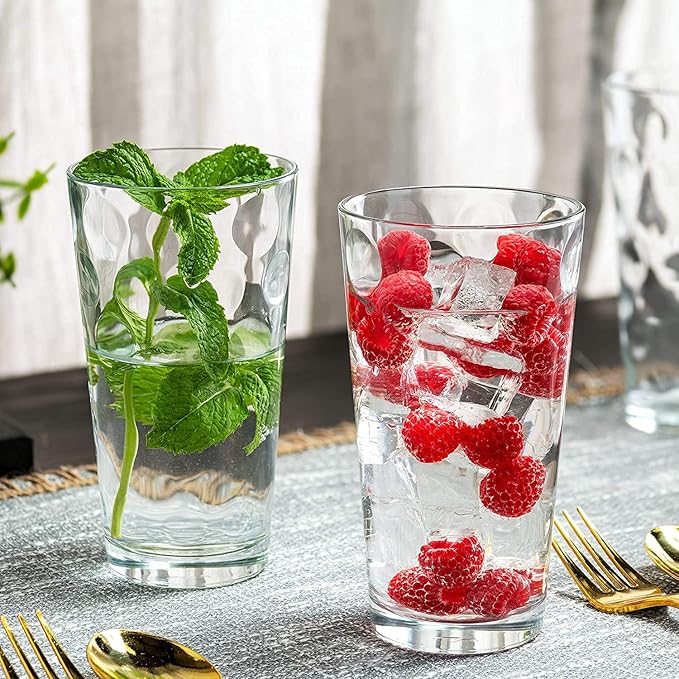 Set of 12 Elegant Everyday Stackable Drinking Glasses - Includes 4-17oz Highball Tumbler Glassware, 4-13oz DOF Rock Glasses, 4-7oz Juice Glasses for Mixed Drinks, Water, Beer, Wine.