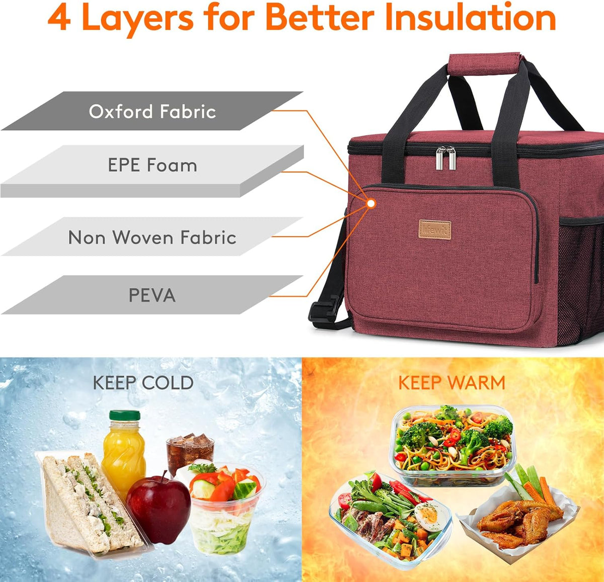 Lifewit Large Lunch Bag Insulated Lunch Box Soft Cooler Cooling Tote for Adult Men Women, Burgundy 40-Can (24L)