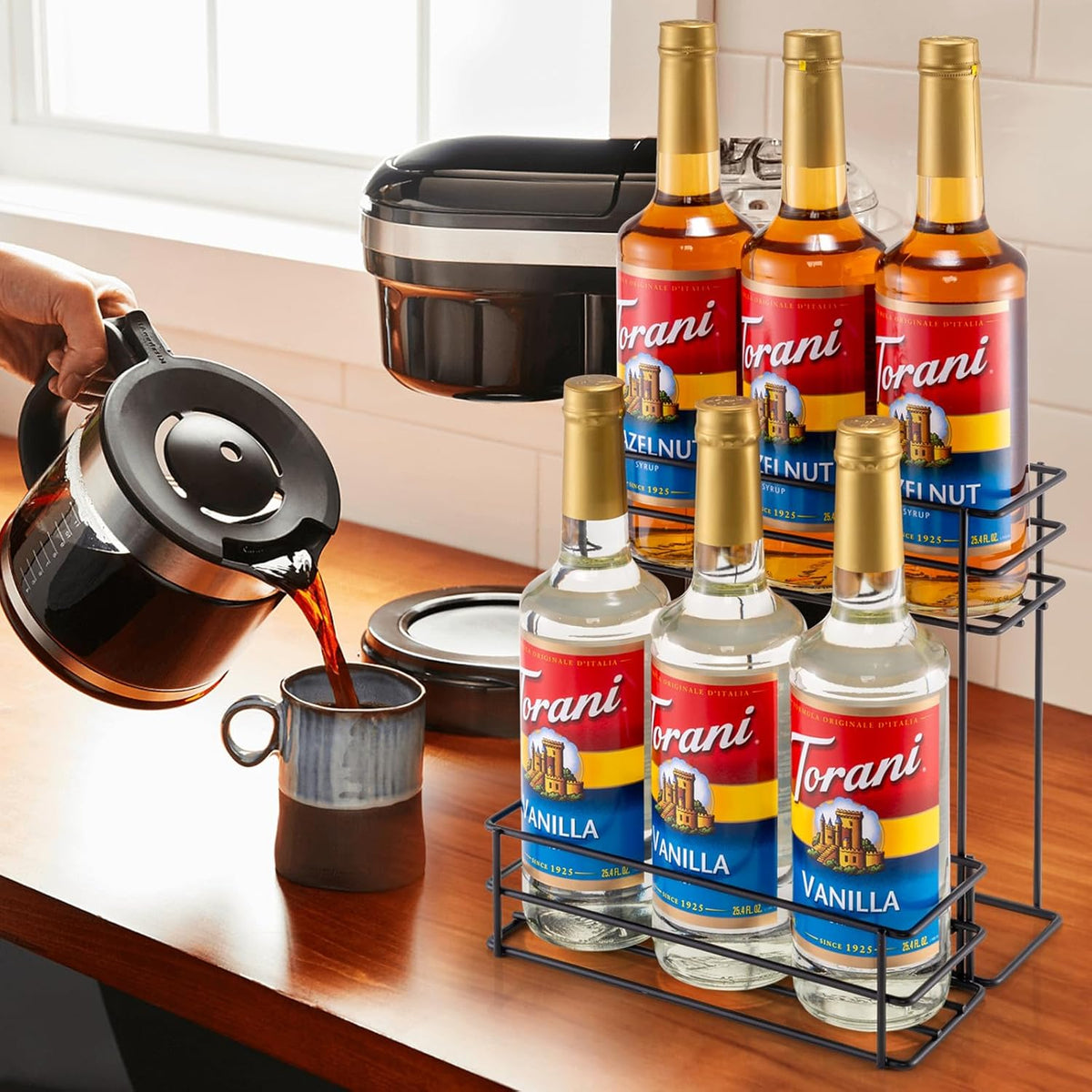 6 Bottle Coffee Syrup Organizer Coffee Syrup Rack for Coffee Bar Kitchen Small Wine Rack for Bar Family Storage for Syrup Wine Dressing