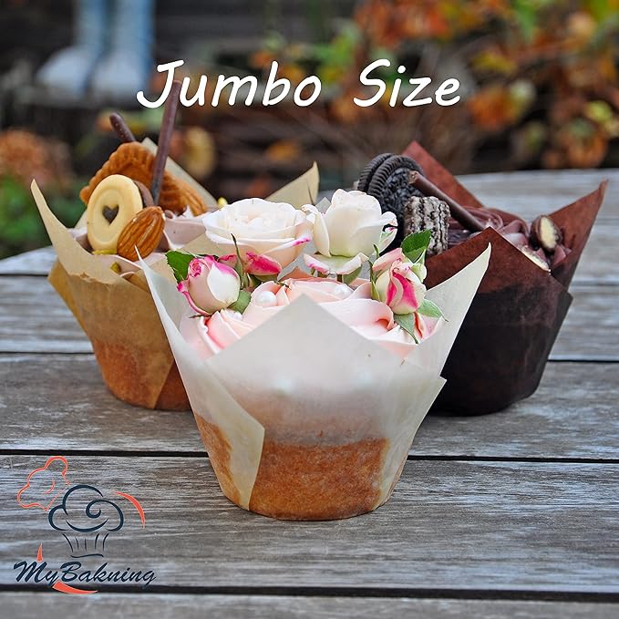 (JUMBO EXTRA LARGE size) Natural+Brown+White Tulip Baking Cups 2-1/4"(Base diameter) x 3-3/4"(Wall height) Greaseproof paper baking cupcake Muffin liners, Case of 130 pcs