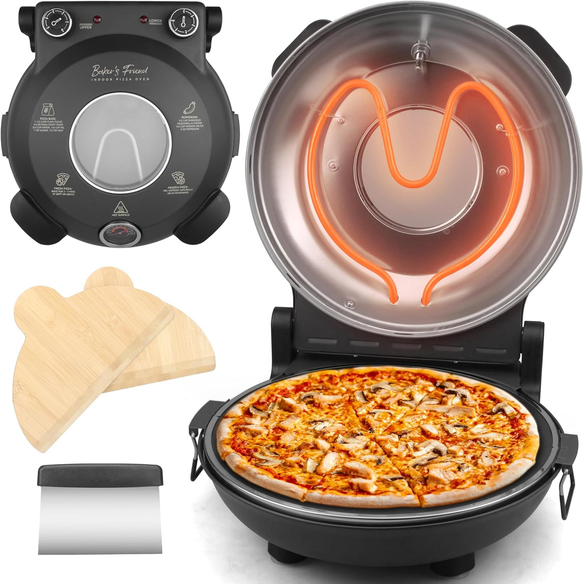 Baker’s Friend Electric Pizza Oven Indoor Countertop, 12 Inch Pizza Maker Machine for Home, Pizza Cooker & Pizza Grill, Premium Glazed Ceramic Stone Pizza Oven, Graphite Gray