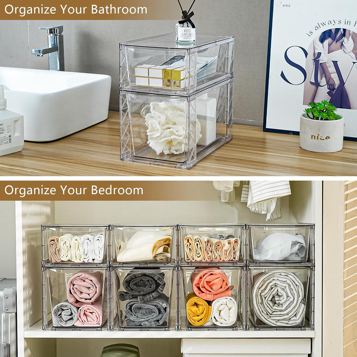 4Pack Stackable Kitchen Storage Organizer, Pantry Organizers and Storage, Clear Foods Organizer Bins with Handles, Easily Assemble for Bathroom, Kitchen, Pantry, Cabinet, Closet