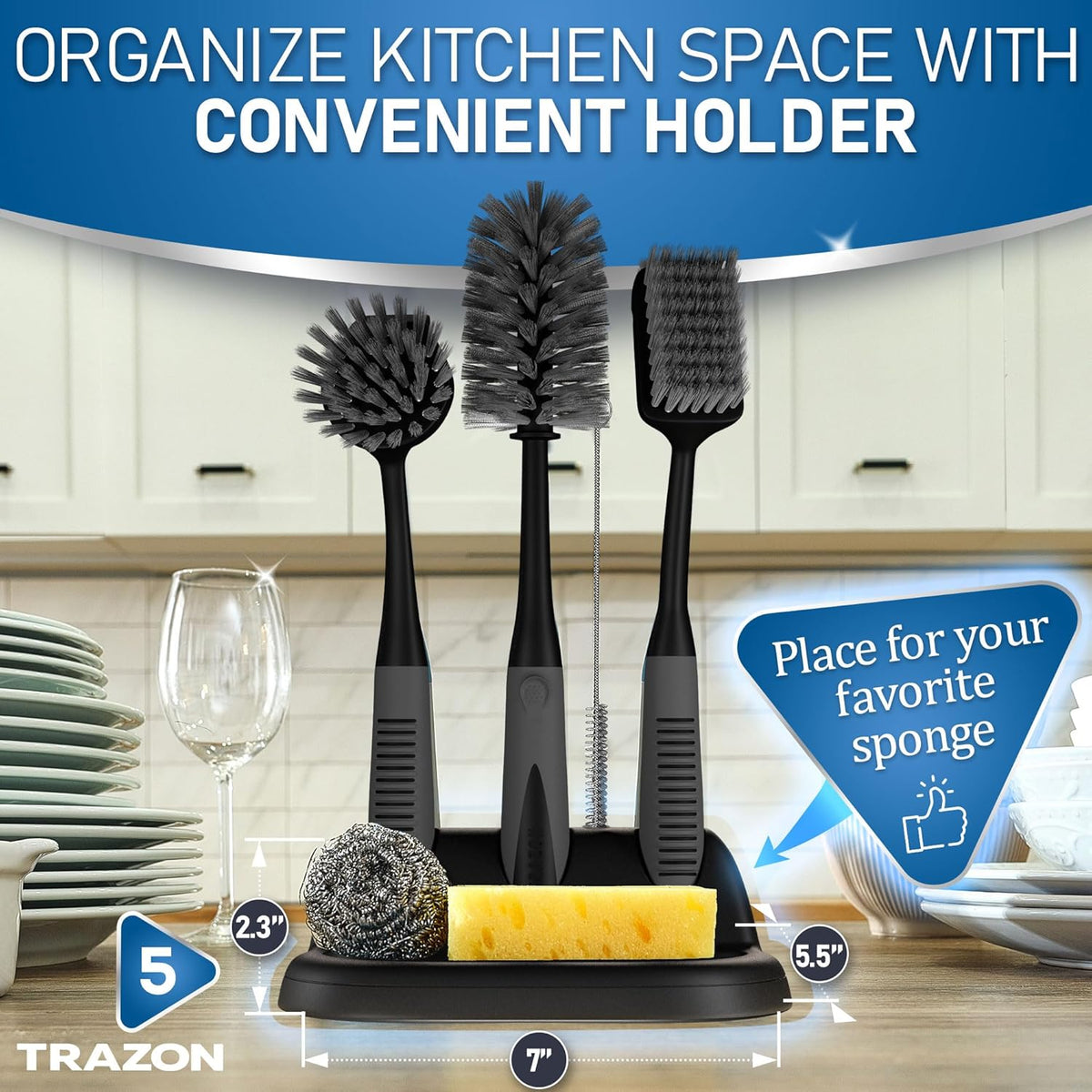 Dish Brush Set of 5 with Holder - Kitchen Scrub Brushes with Non-Slip Long Handle for Cleaning, Scrubber, Dishwashing, Dishes, Bottles, Straws, Cups, Pots & Sink, Black