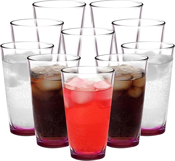 DISCOUNT PROMOS Arc Pint Glass 16 oz. Set of 10, Bulk Pack - Beer Glasses, Heavy Duty Drinkware - Pink