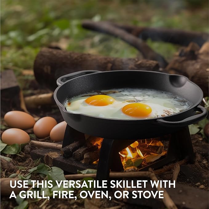 Navaris Cast Iron Skillet - 12"(30cm) Pre-Seasoned Frying Pan with Double Handles, Pour Spouts, for Oven, Stovetop, Grill & Campfire, Non-Toxic, Heavy-Duty, Even-Heating Cookware