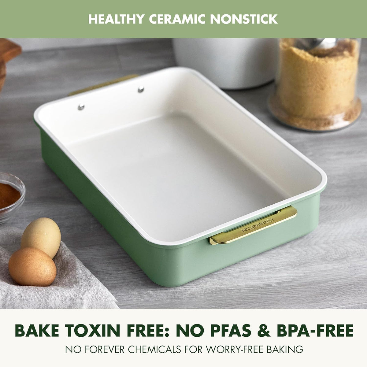 GreenPan Bakeware Rectangular Cake Pan, Ceramic Nonstick Baking Pan, PFAS & BPA Free, Gold Handles, Durable Steel, Freezer to Oven Dish, Scratch Resistant, Bake & Roast Ovenware, Sage Green