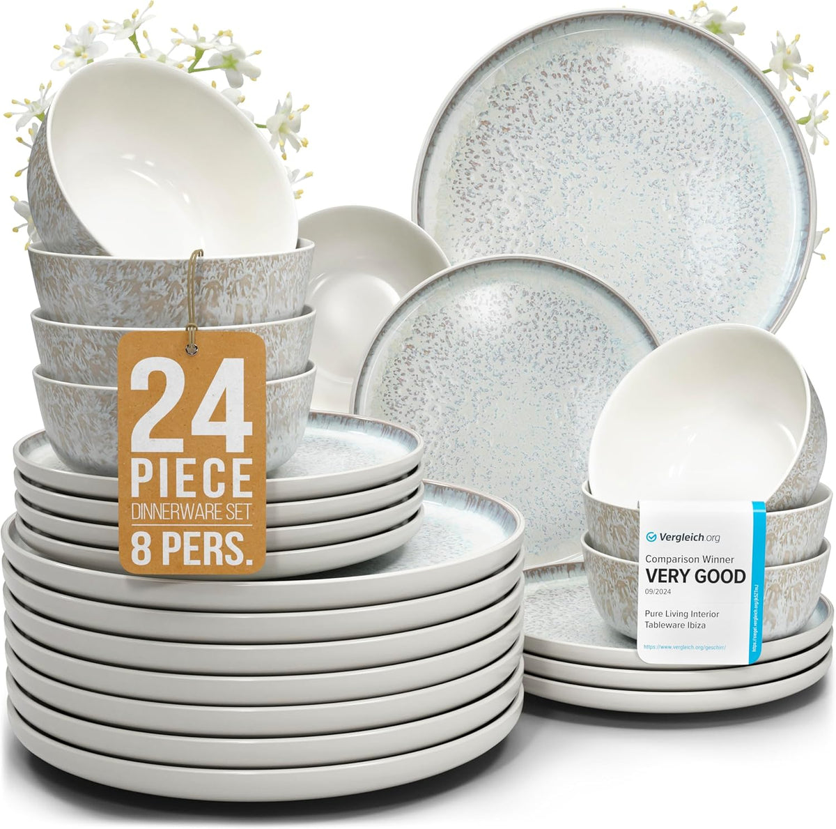 Stoneware dinnerware set 8 persons 24 pcs - Mediterranean dinnerware set, dishwasher, microwave and scratch resistant - bowl and plate set - dinnerware Pure Living Light Beige…