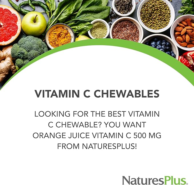 NaturesPlus Orange Juice Chewable Vitamin C - 500 mg, 180 Tablets - High Potency Immune Support Supplement, Antioxidant - Gentle On Stomach -Vegetarian, Gluten-Free - 180 Servings