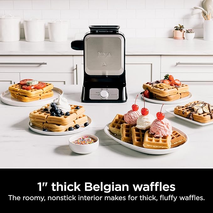 Ninja Belgian Waffle Maker Pro | Vertical Design | 5 Shade Settings with Precision-Pour Cup & Chef-curated Recipe Guide | Black & Silver | BW1001