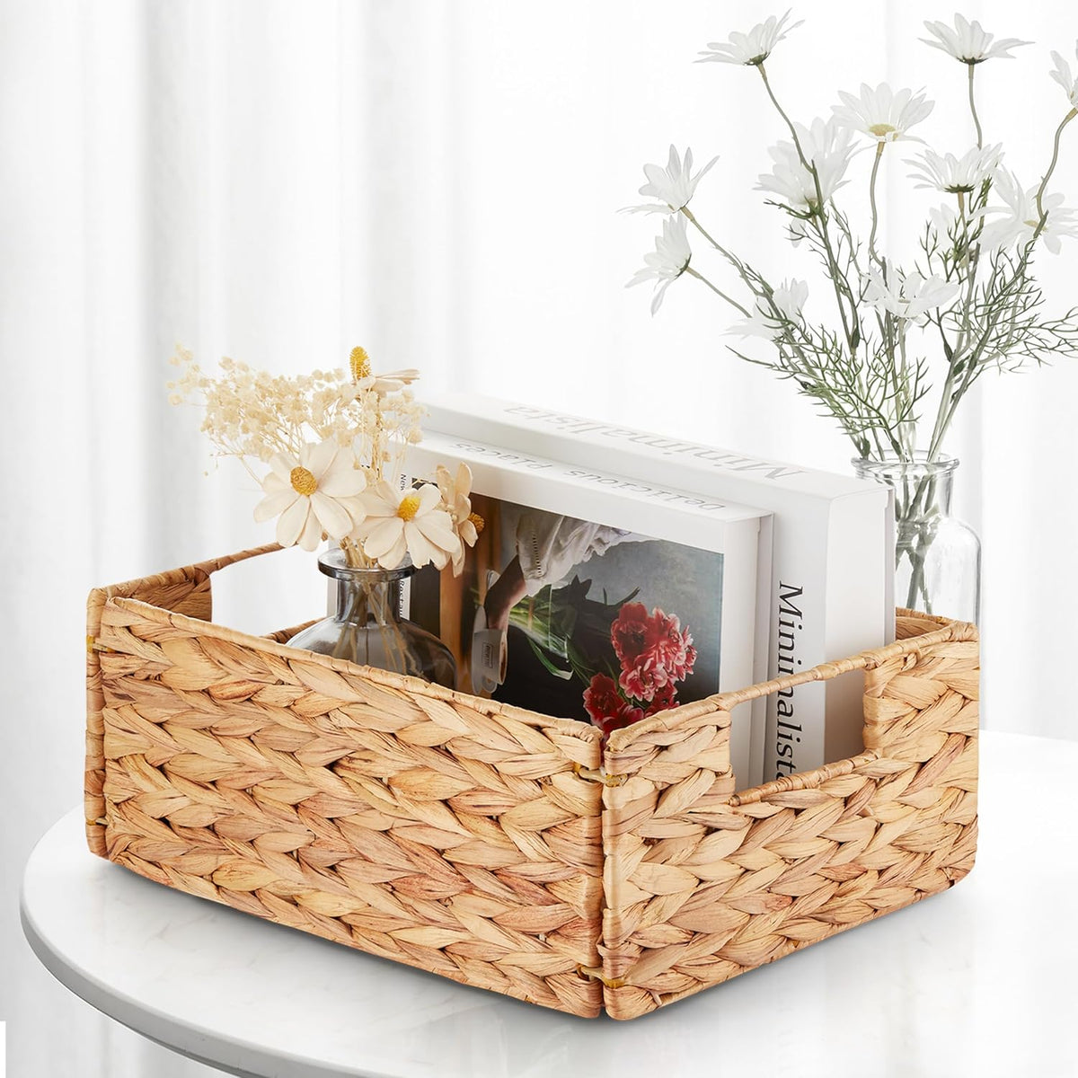 BLUEWEST Water Hyacinth Storage Baskets (Set of 6) – Woven Hyacinth Organizer with Carrying Handles, Laundry Basket for Organizing, Rattan Bin for Shelves
