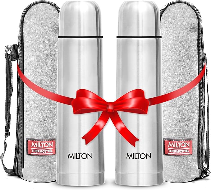 Milton Vacuum Flask for Hot Drink 1 litre (34 oz), Stainless Steel Double Walled Insulated Water Bottle for 24 Hour Hot and Cold drinks with cover, Leak proof, Thermosteel Flip Lid 1000 ml Set of -2