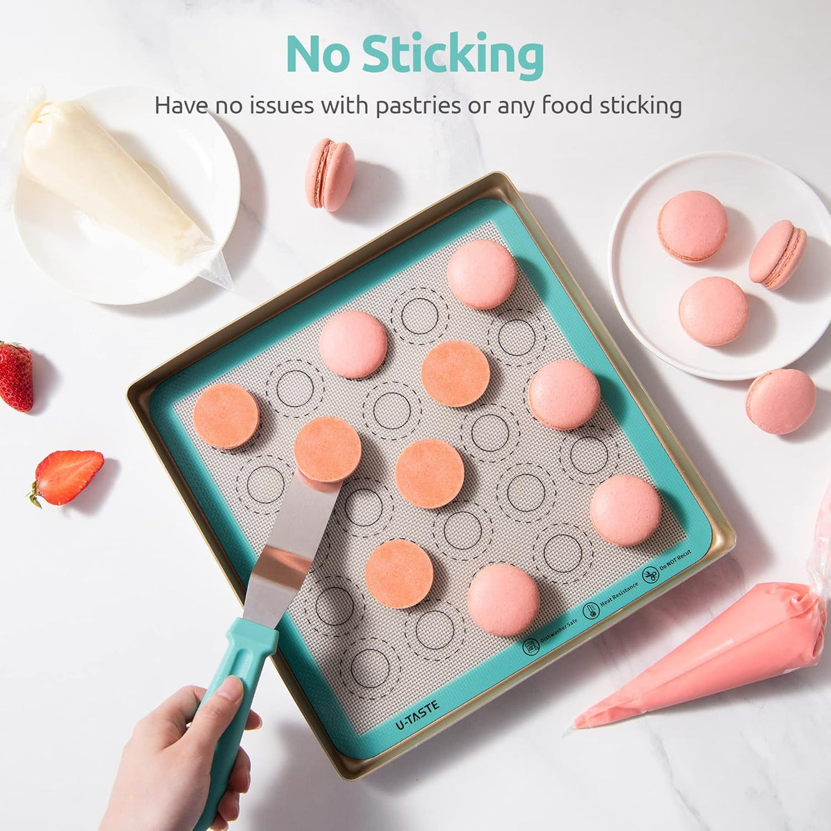 446ºF Heat Resistant Macaron Mat: U-Taste 11x11in Non Stick Silicone Baking Mat, Reusable Cookies Pastry Sheet Liner with Edge Enhancement & Circle Measurement for Square Cake Pan (Aqua Sky)