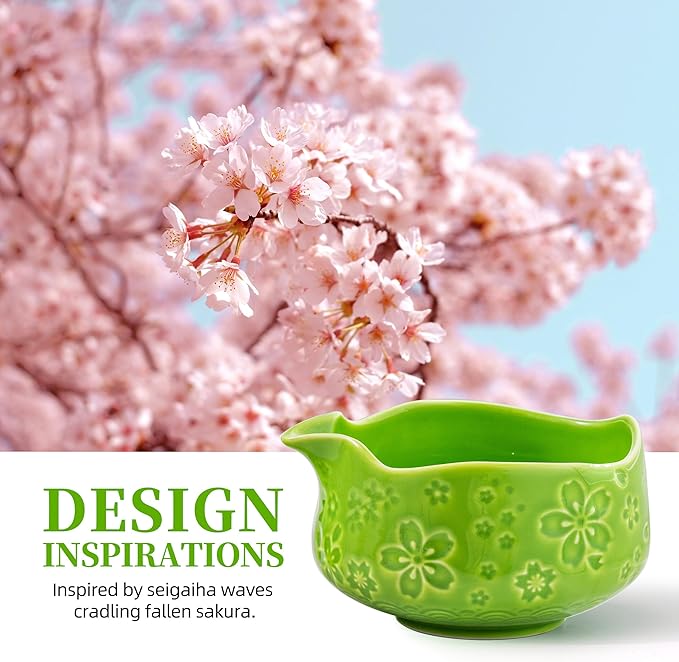 TEANAGOO 7-PCS Green Matcha Whisk Set with Cherry Blossom Design, Complete Ceremony Kit, Ceramic Chawan Bowl with Spout, Whisk & Accessories, Traditional Matcha Tea Set for Lattes& Gift Giving